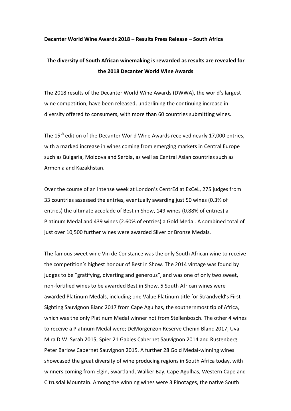 Decanter World Wine Awards 2018 – Results Press Release – South Africa