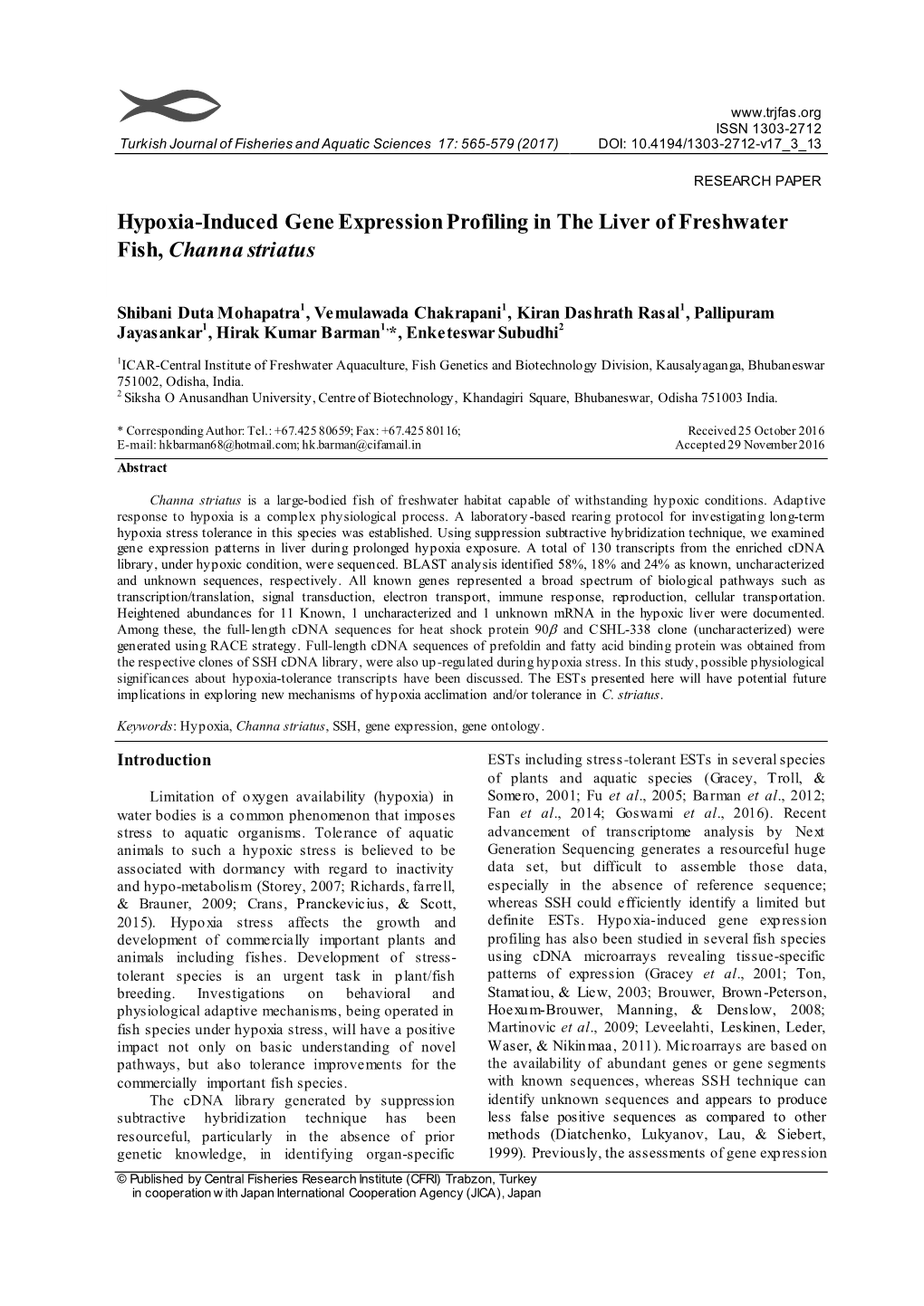 Hypoxia-Induced Gene Expression Profiling in the Liver of Freshwater Fish, Channa Striatus