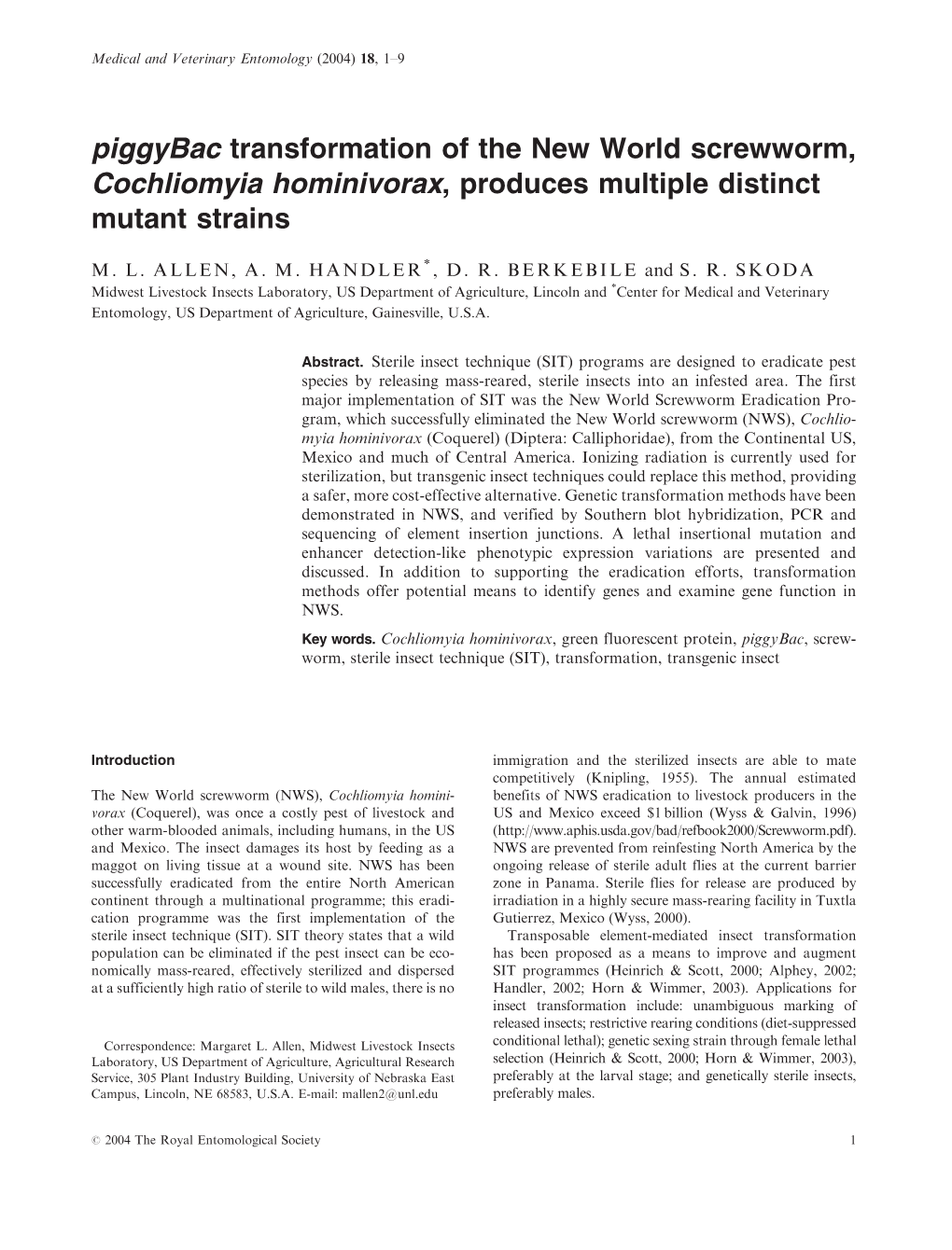 Piggybac Transformation of the New World Screwworm, Cochliomyia Hominivorax, Produces Multiple Distinct Mutant Strains