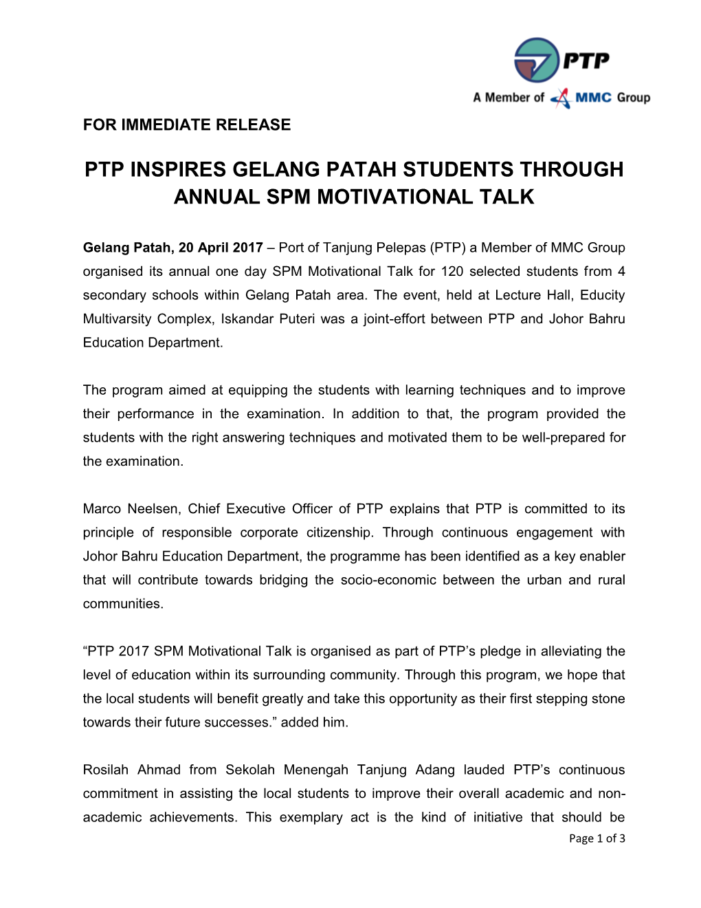 Ptp Inspires Gelang Patah Students Through Annual Spm Motivational Talk