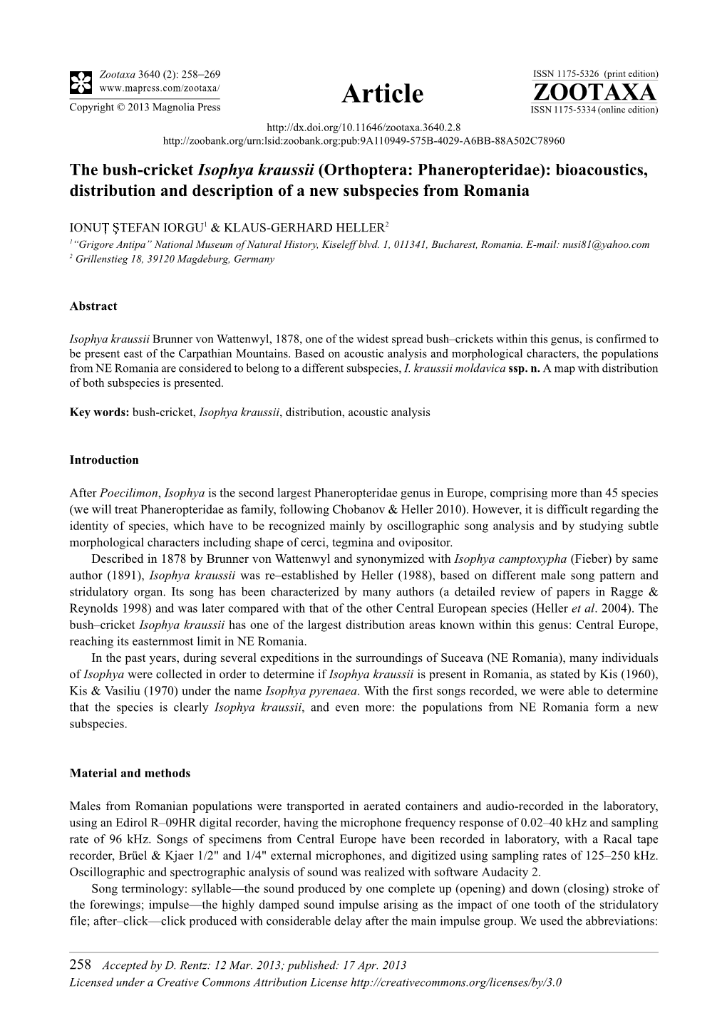 The Bush-Cricket Isophya Kraussii (Orthoptera: Phaneropteridae): Bioacoustics, Distribution and Description of a New Subspecies from Romania