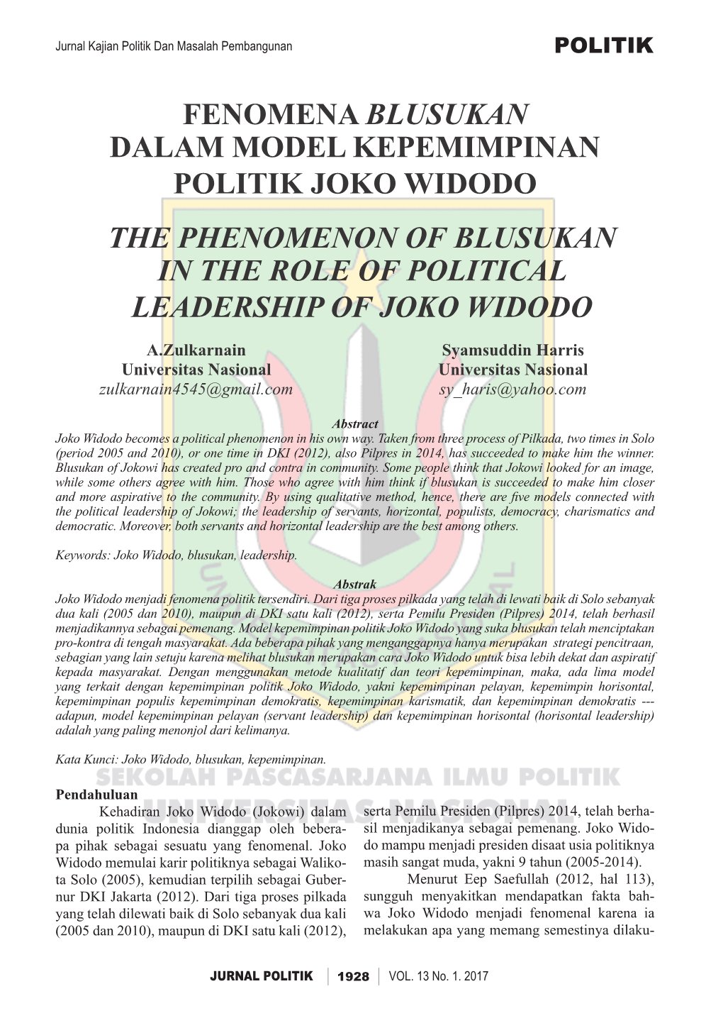 Fenomena Blusukan Dalam Model Kepemimpinan Politik Joko Widodo the Phenomenon of Blusukan in the Role of Political Leadership of Joko Widodo