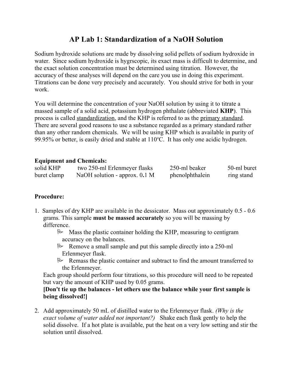 AP Lab 1: Standardization of a Naoh Solution