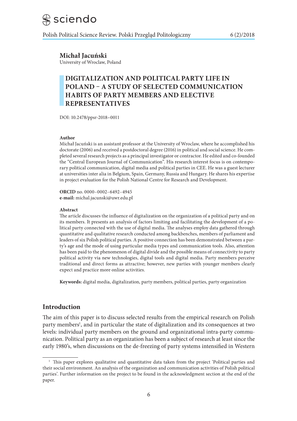 Digitalization and Political Party Life in Poland – a Study of Selected Communication Habits of Party Members and Elective Representatives