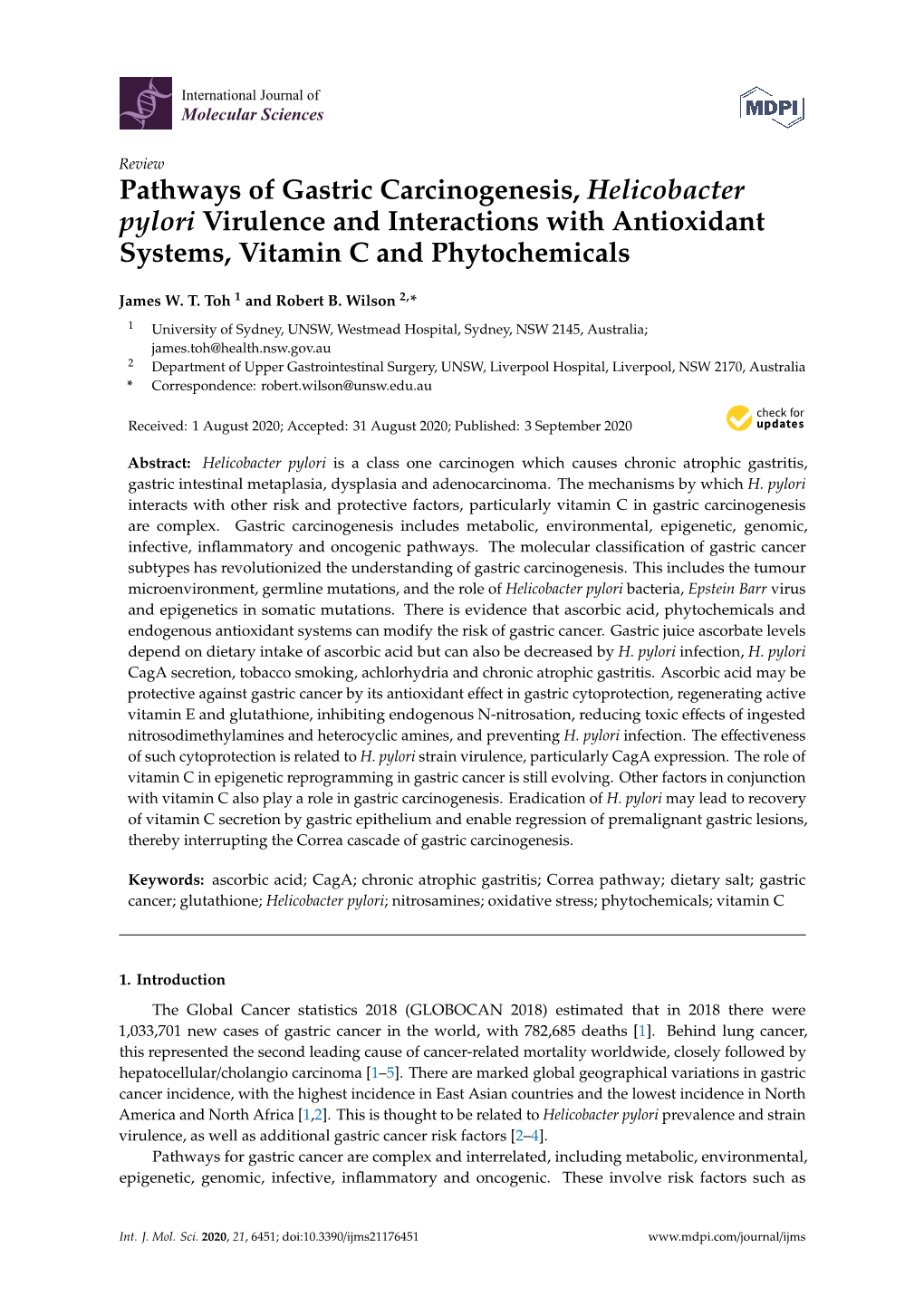 Pathways of Gastric Carcinogenesis, Helicobacter Pylori Virulence and Interactions with Antioxidant Systems, Vitamin C and Phytochemicals