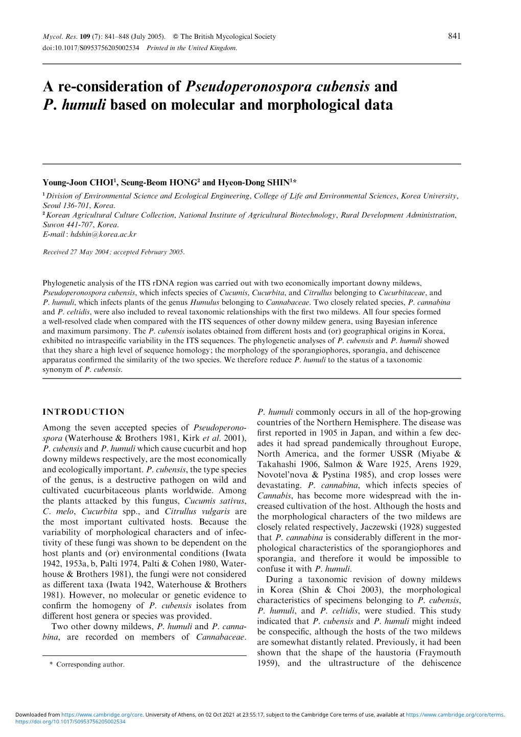 A Re-Consideration of Pseudoperonospora Cubensis and P