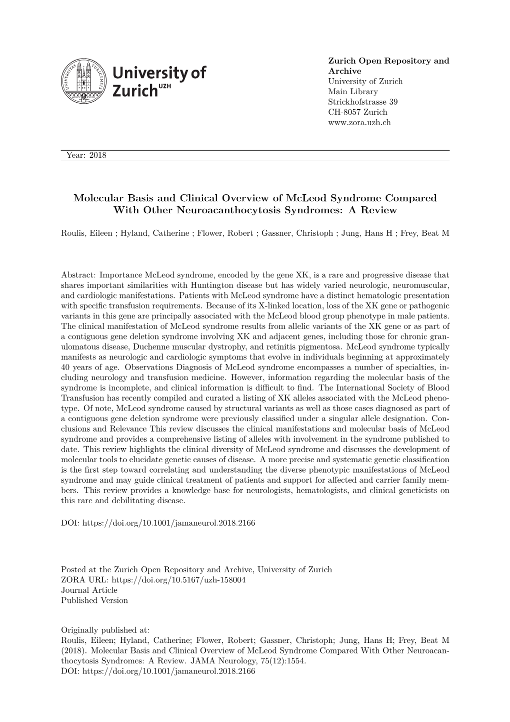 Molecular Basis and Clinical Overview of Mcleod Syndrome Compared with Other Neuroacanthocytosis Syndromes: a Review