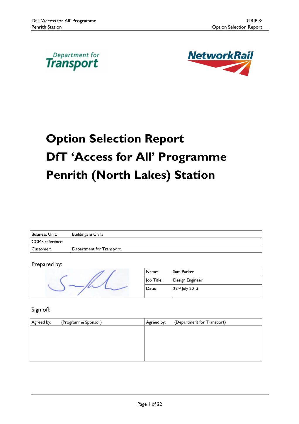 Option Selection Report Dft 'Access for All' Programme Penrith