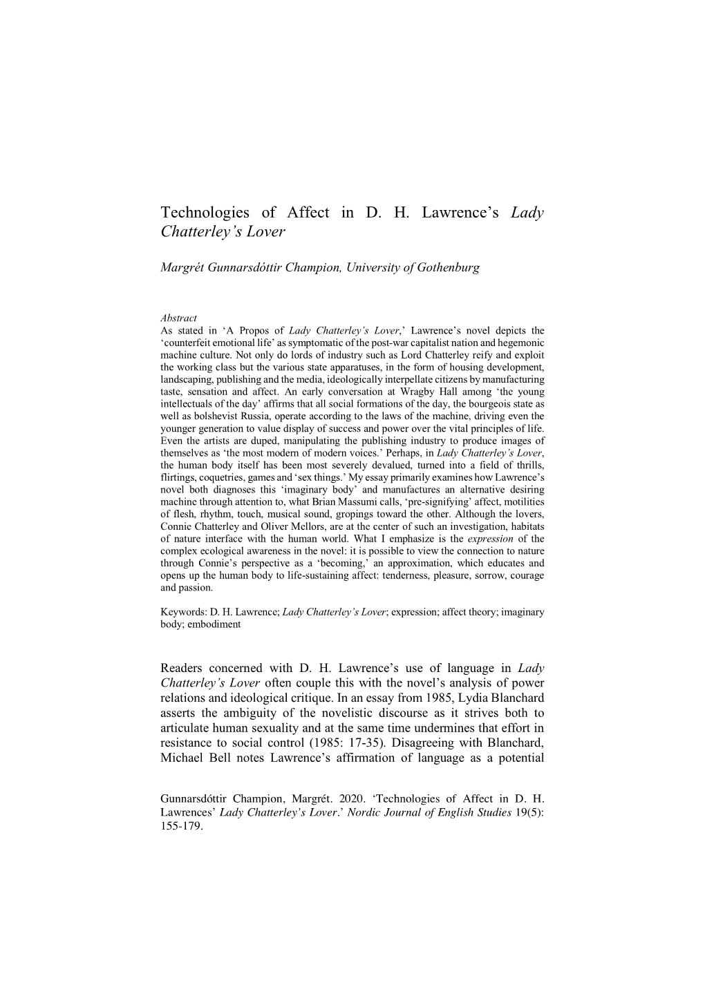 Technologies of Affect in D. H. Lawrence's Lady Chatterley's Lover