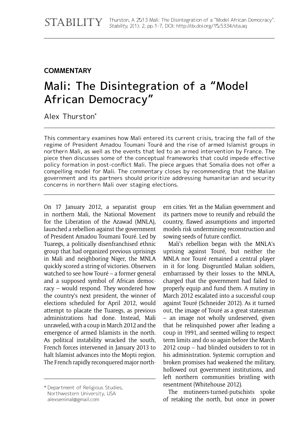 Mali: the Disintegration of a "Model African Democracy"