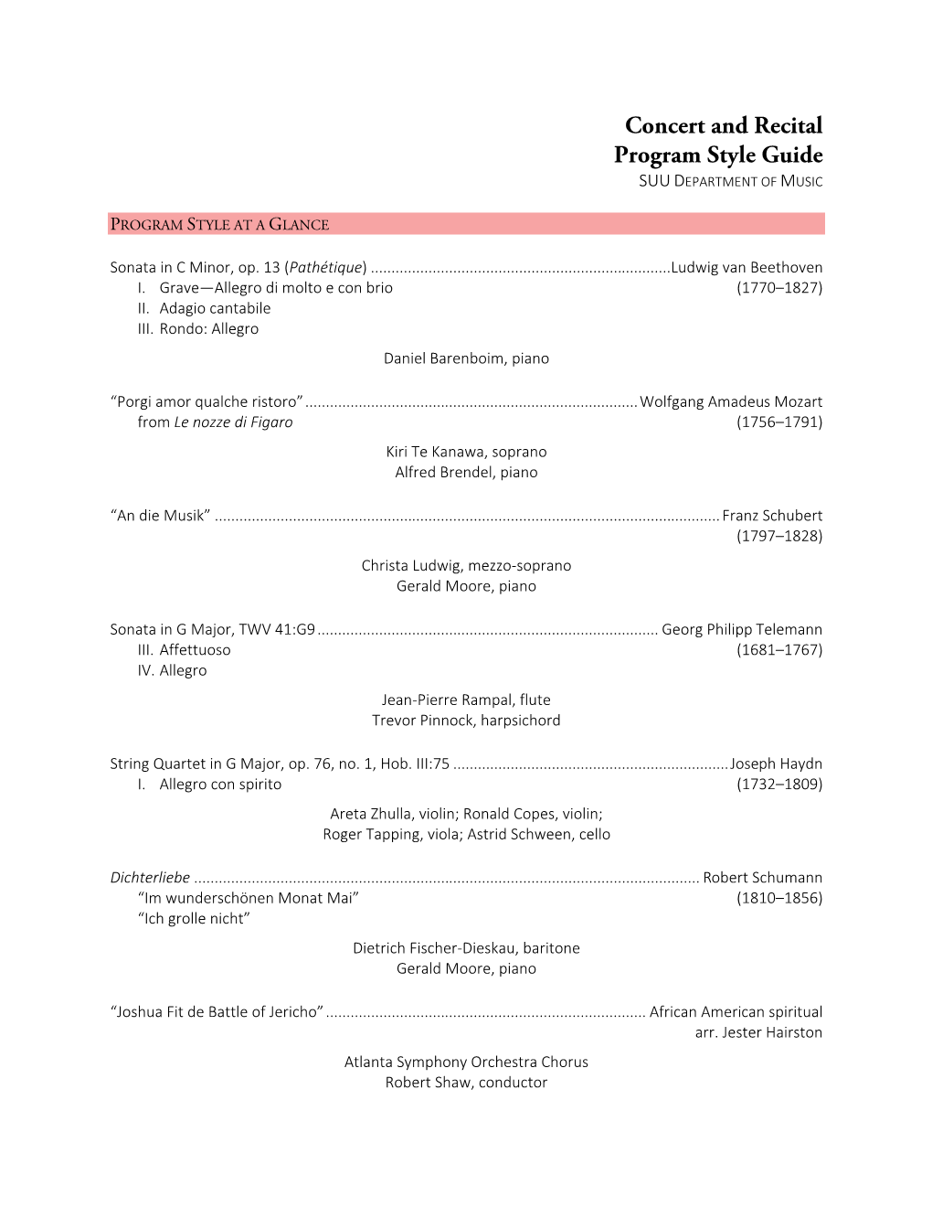 Concert and Recital Program Style Guide SUU DEPARTMENT of MUSIC