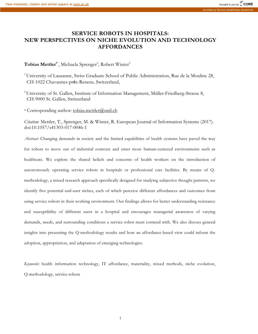 Service Robots in Hospitals: New Perspectives on Niche Evolution and Technology Affordances