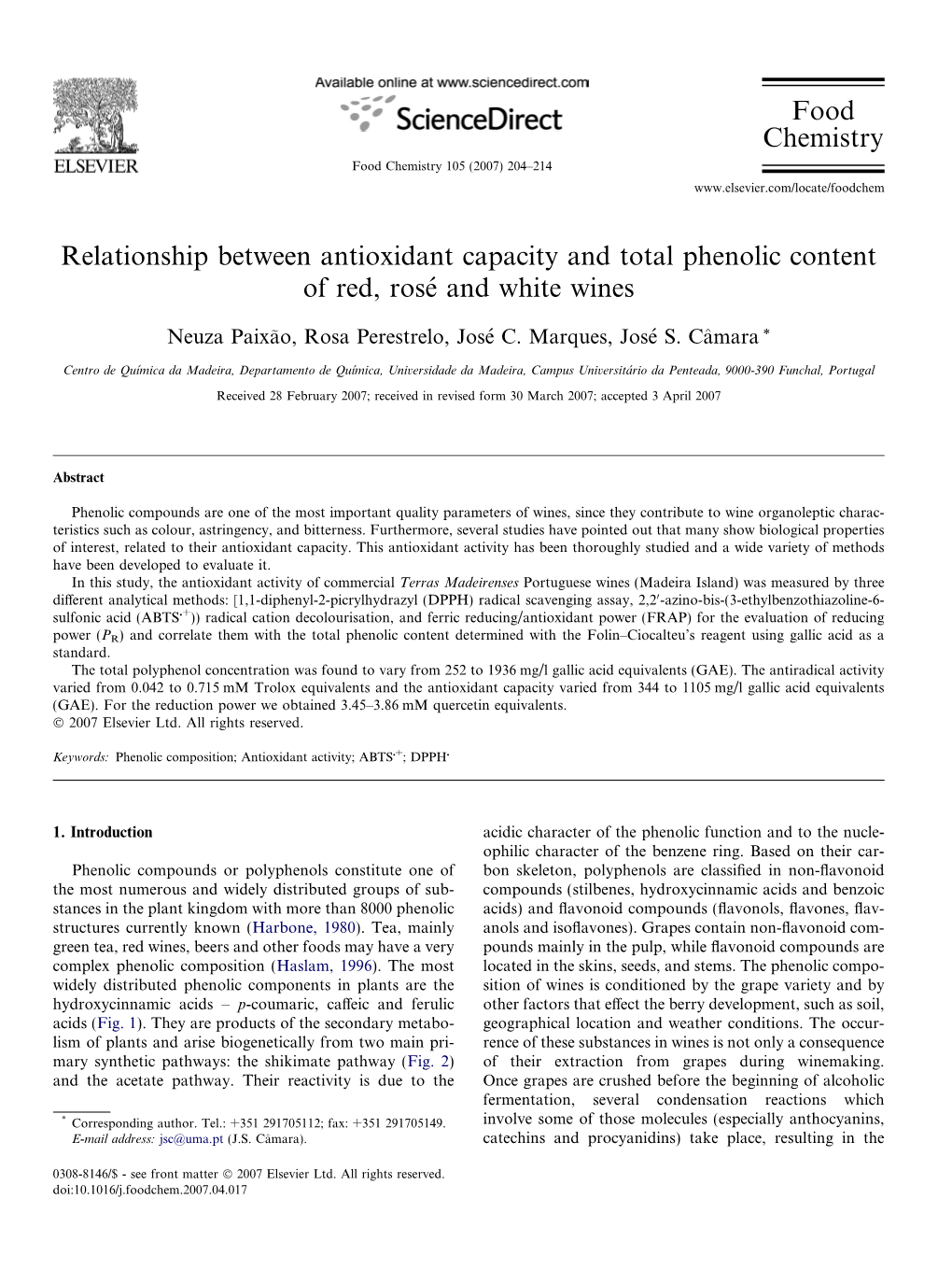 Relationship Between Antioxidant Capacity and Total Phenolic Content of Red, Rose´ and White Wines