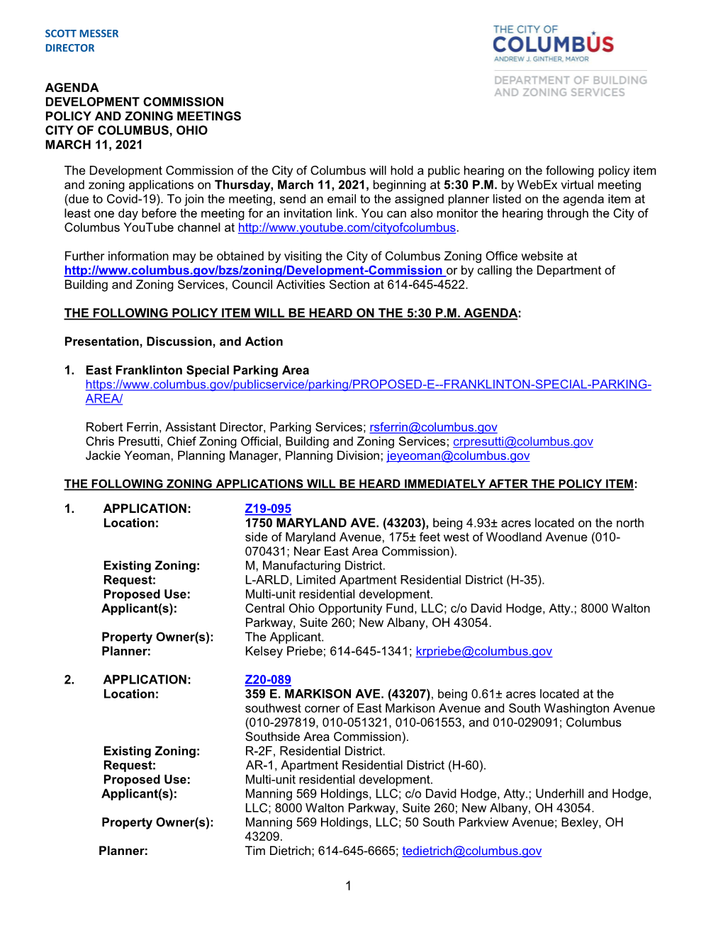 Agenda Development Commission Policy and Zoning Meetings City of Columbus, Ohio March 11, 2021