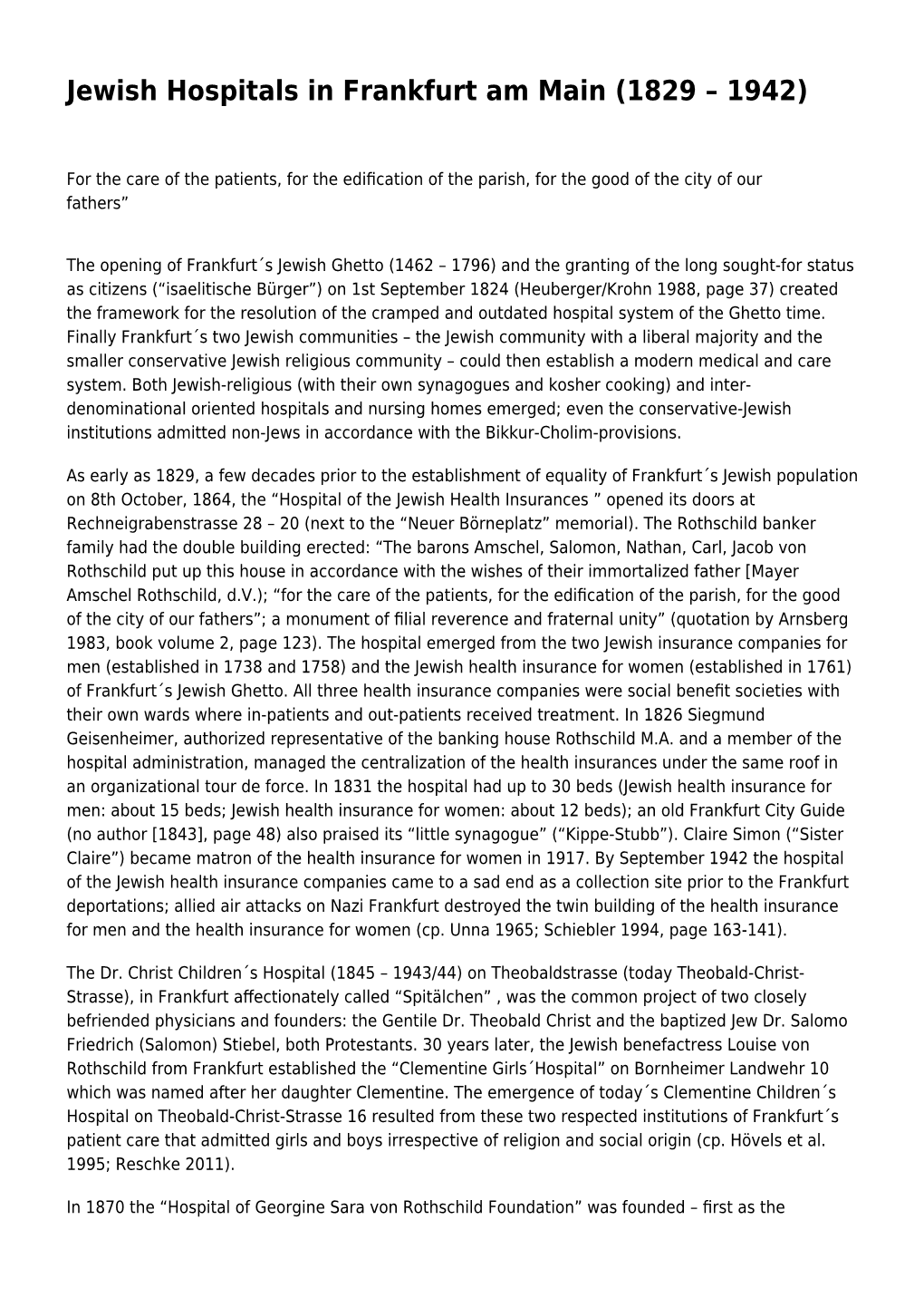 Jewish Hospitals in Frankfurt Am Main (1829 – 1942)