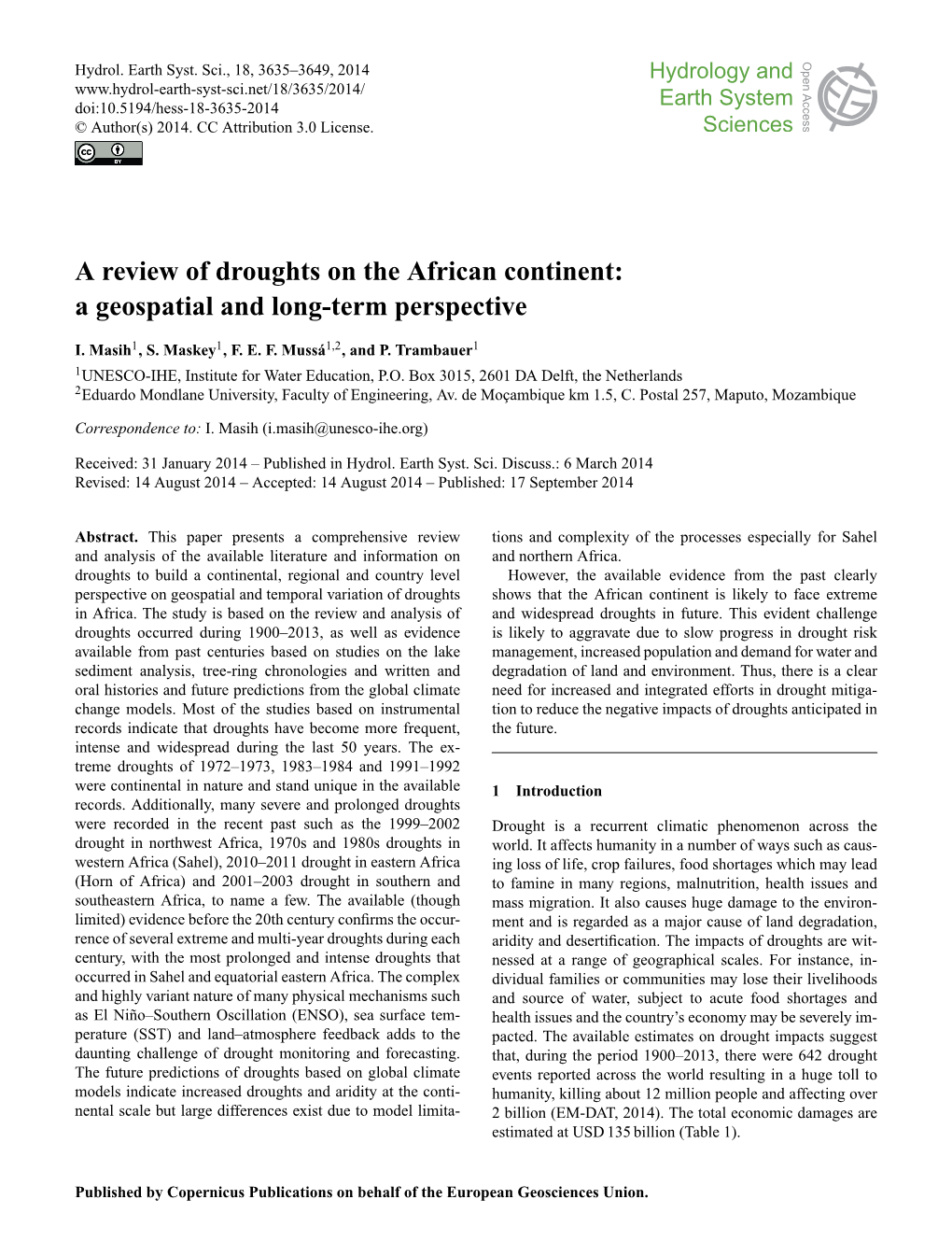 A Review of Droughts on the African Continent: a Geospatial and Long-Term Perspective