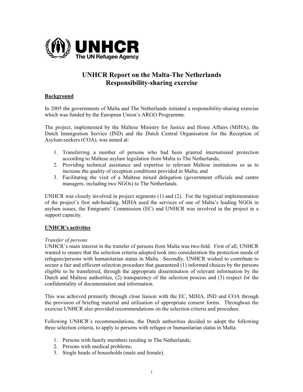 UNHCR Report on the Malta-The Netherlands Responsibility-Sharing Exercise