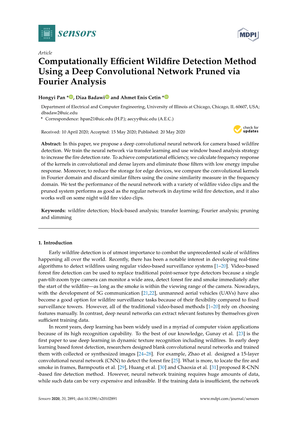 Computationally Efficient Wildfire Detection Method Using a Deep