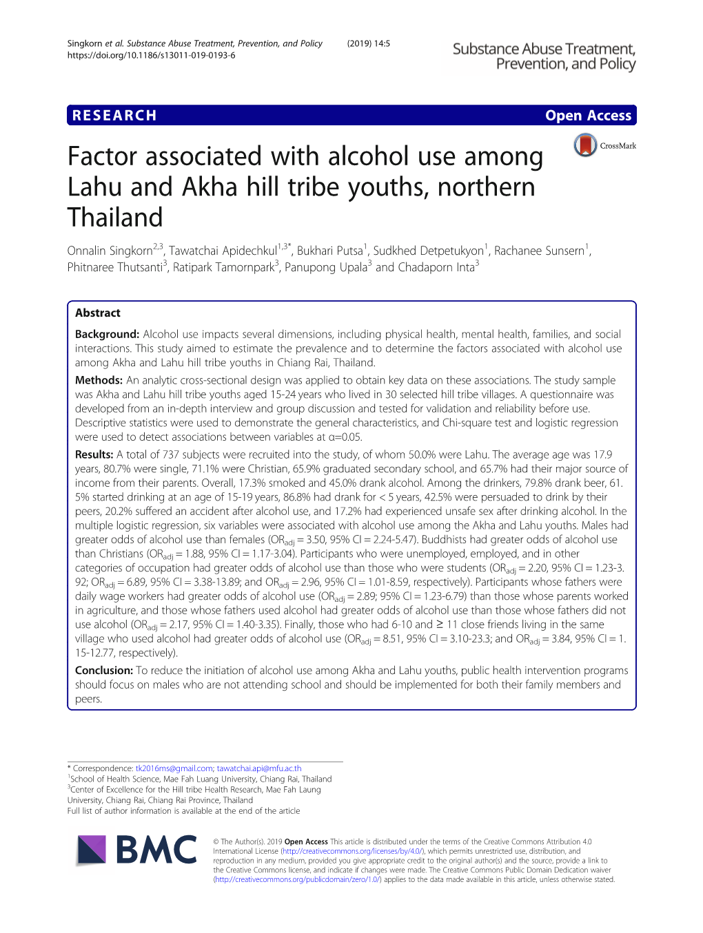 Factor Associated with Alcohol Use Among Lahu and Akha Hill Tribe