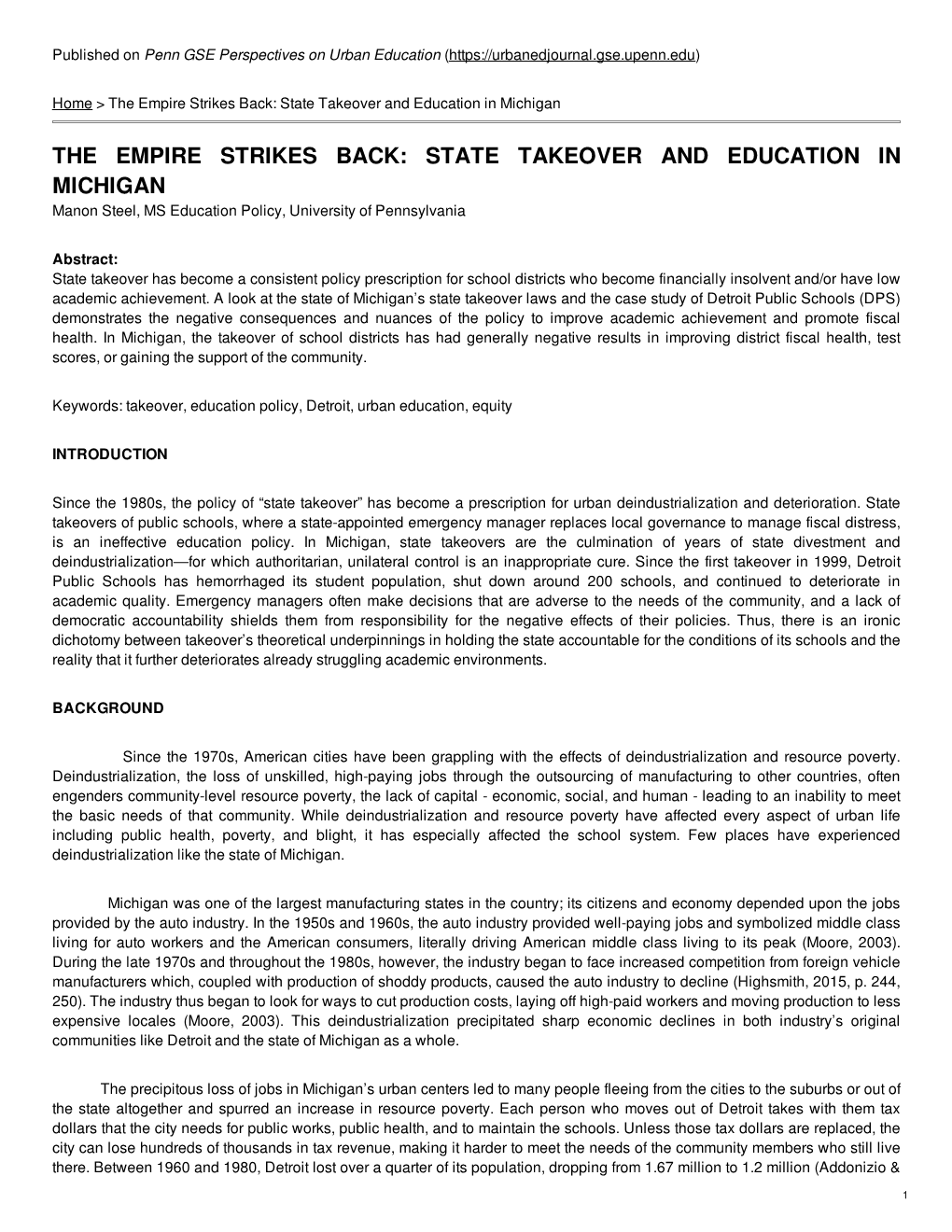 The Empire Strikes Back: State Takeover and Education in Michigan