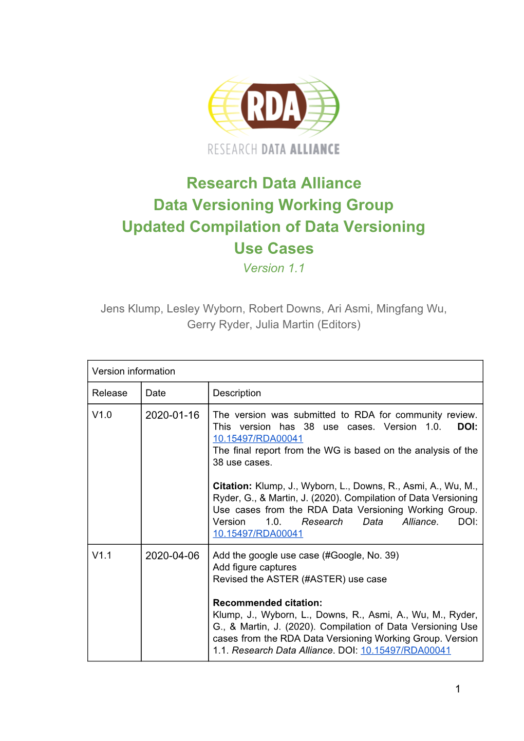 Research Data Alliance Data Versioning Working Group Updated Compilation of Data Versioning Use Cases Version 1.1