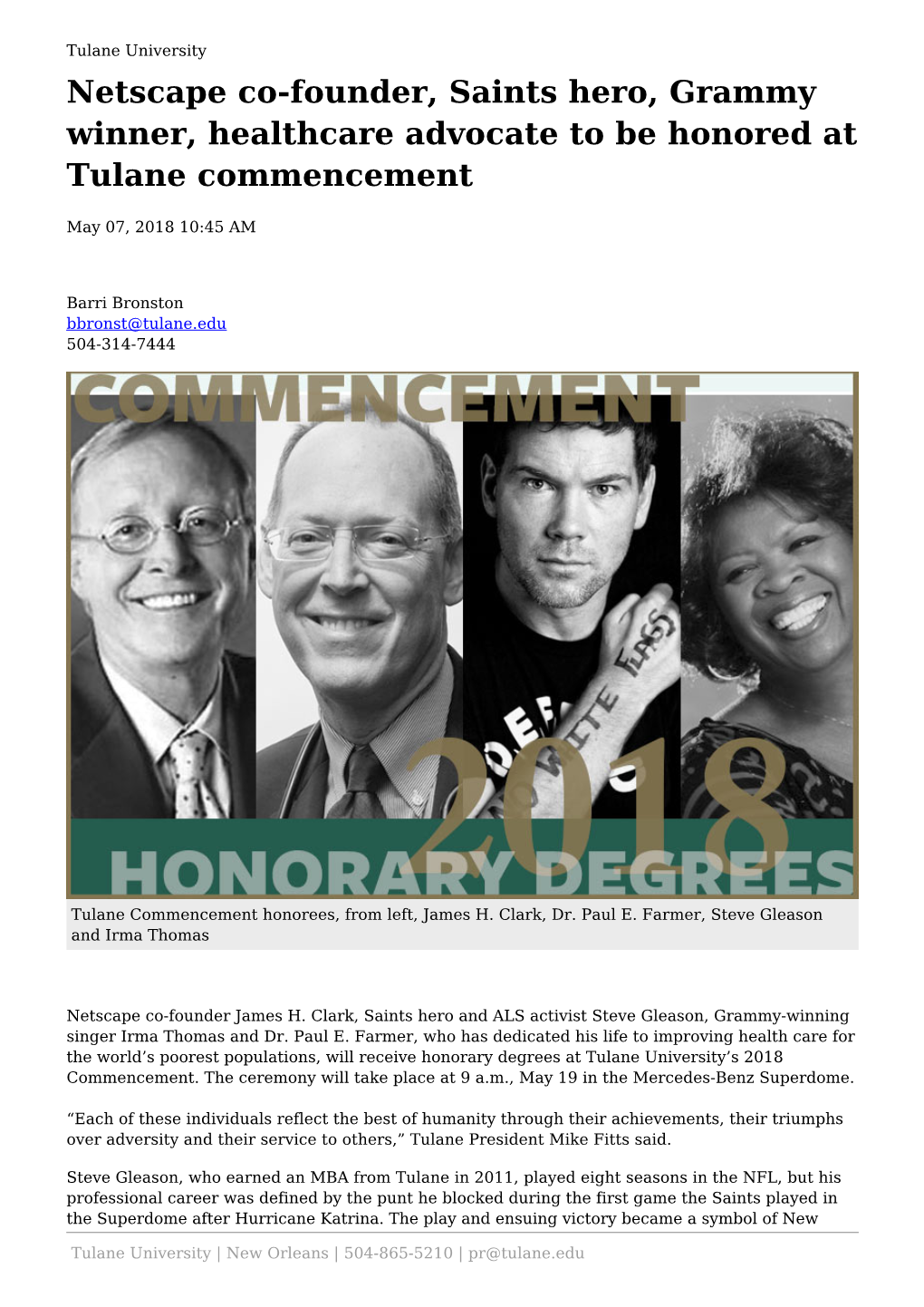 Netscape Co-Founder, Saints Hero, Grammy Winner, Healthcare Advocate to Be Honored at Tulane Commencement