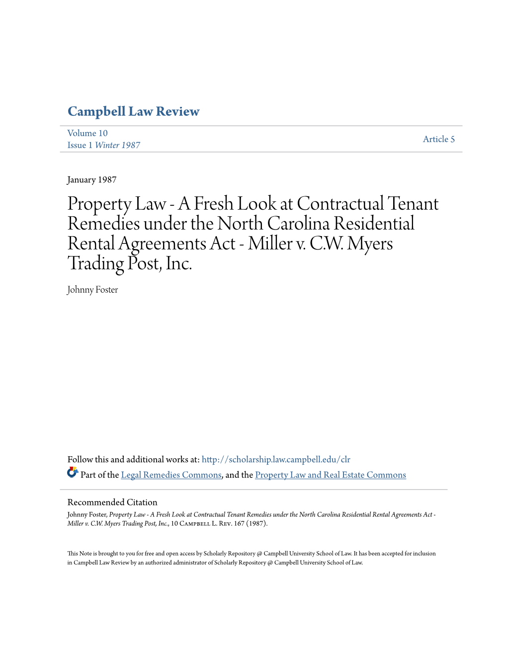 A Fresh Look at Contractual Tenant Remedies Under the North Carolina Residential Rental Agreements Act - Miller V