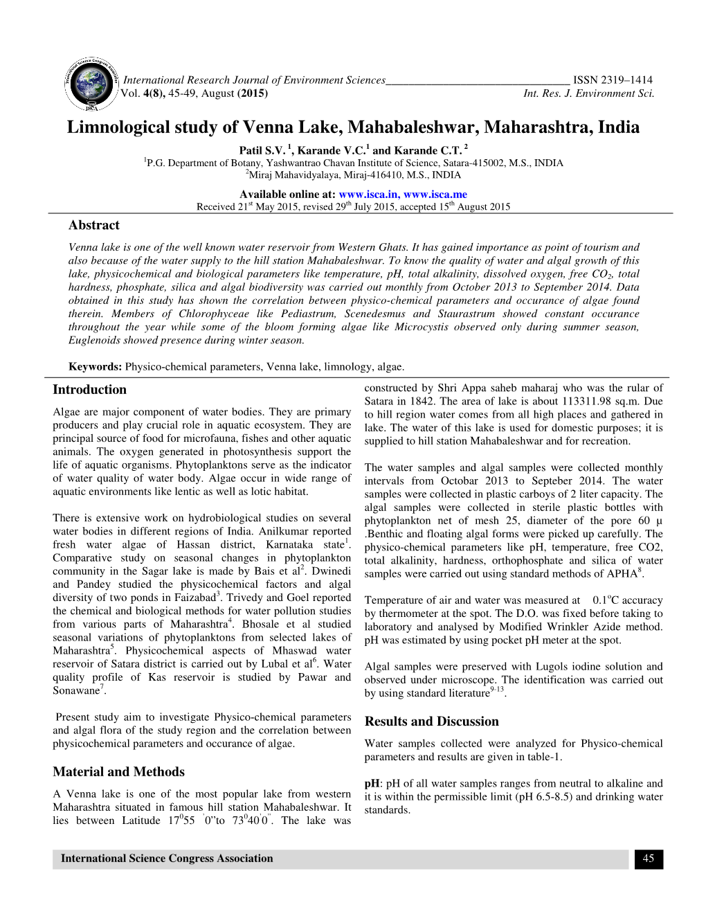Limnological Study of Venna Lake, Mahabaleshwar, Maharashtra, India