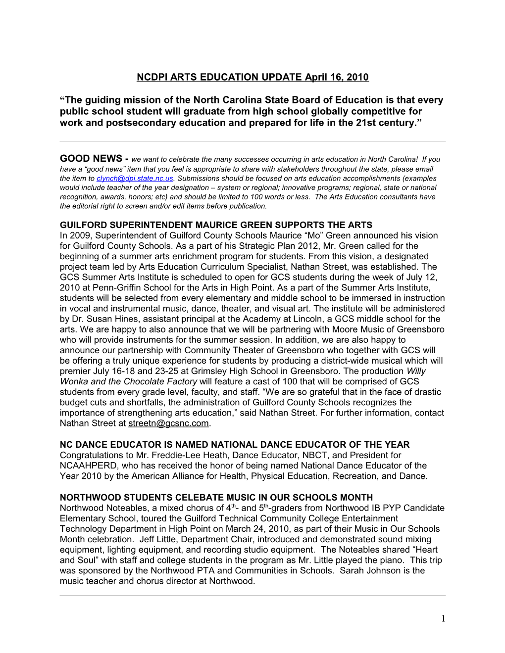 NCDPI ARTS EDUCATION UPDATE May 2, 2008 s2