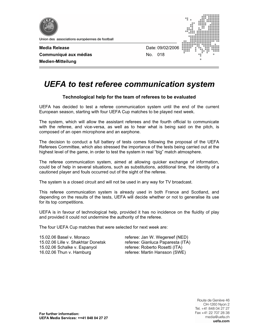 UEFA to Test Referee Communication System
