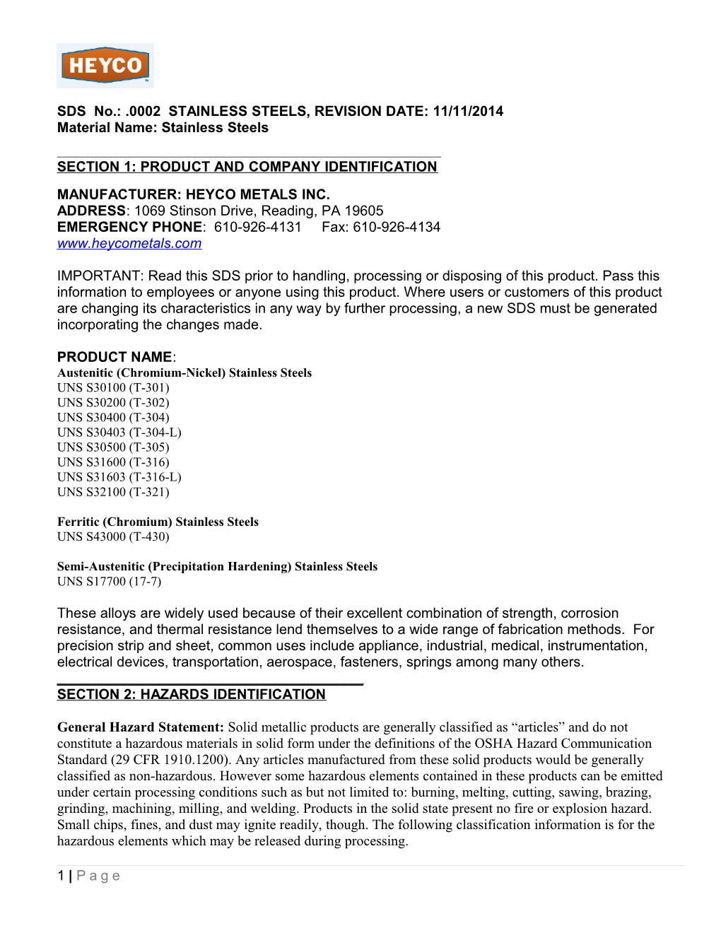 SDS No.: .0002 STAINLESS STEELS, REVISION DATE: 11/11/2014