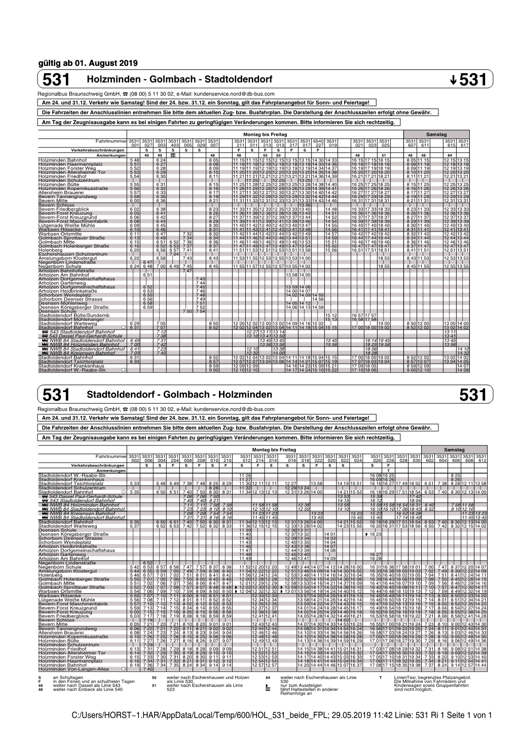 531 Holzminden - Golmbach - Stadtoldendorf 531 Regionalbus Braunschweig Gmbh, ` (08 00) 5 11 30 02, E-Mail: Kundenservice.Nord@Db-Bus.Com Am 24