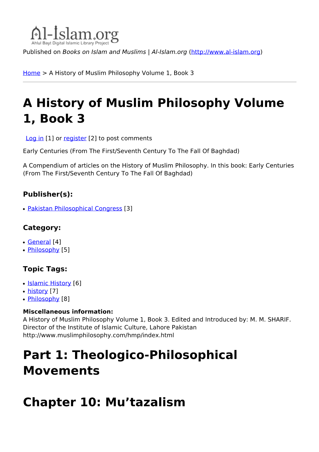 A History of Muslim Philosophy Volume 1, Book 3