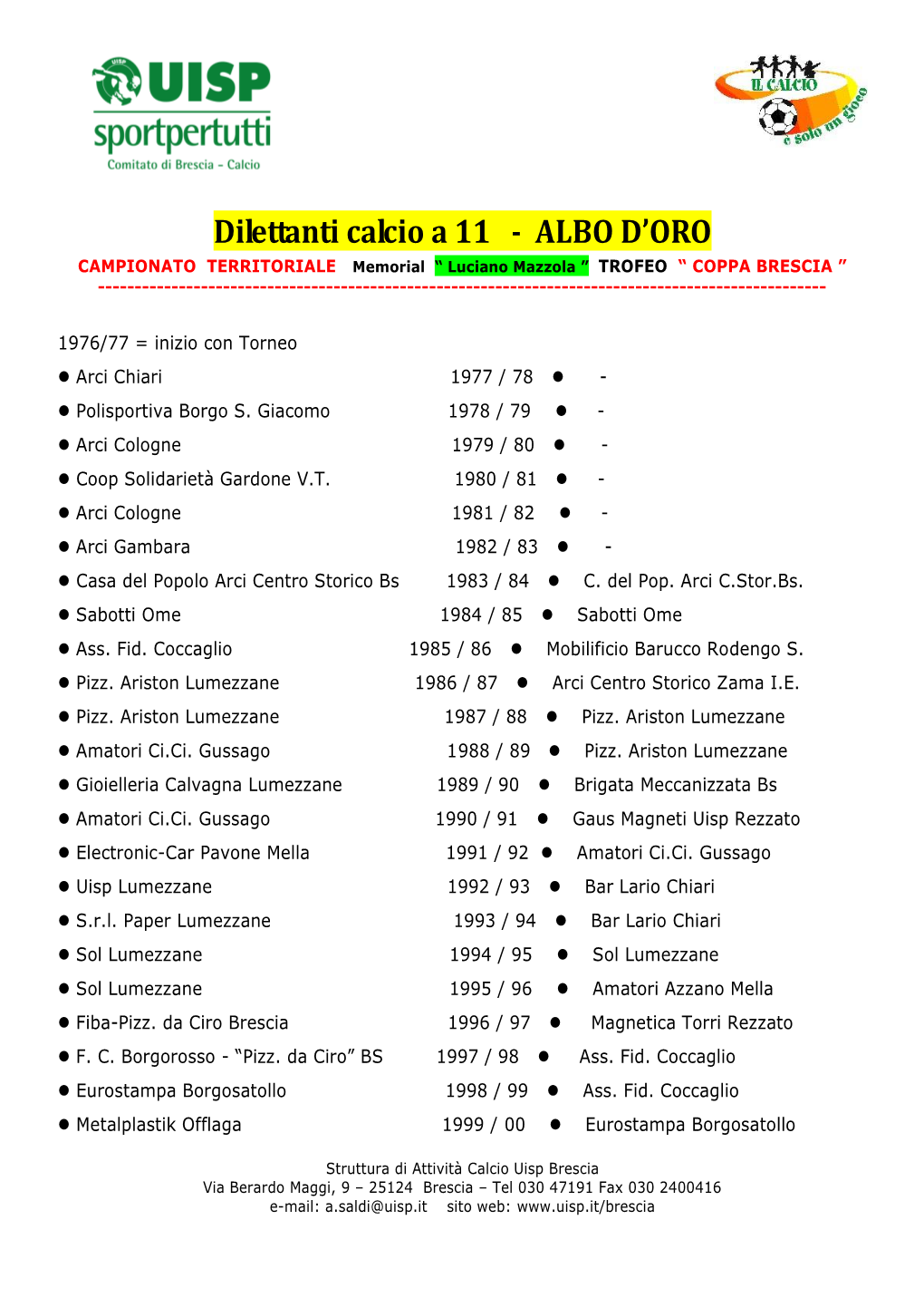 Dilettanti Calcio a 11 - ALBO D’ORO CAMPIONATO TERRITORIALE Memorial “ Luciano Mazzola ” TROFEO “ COPPA BRESCIA ”