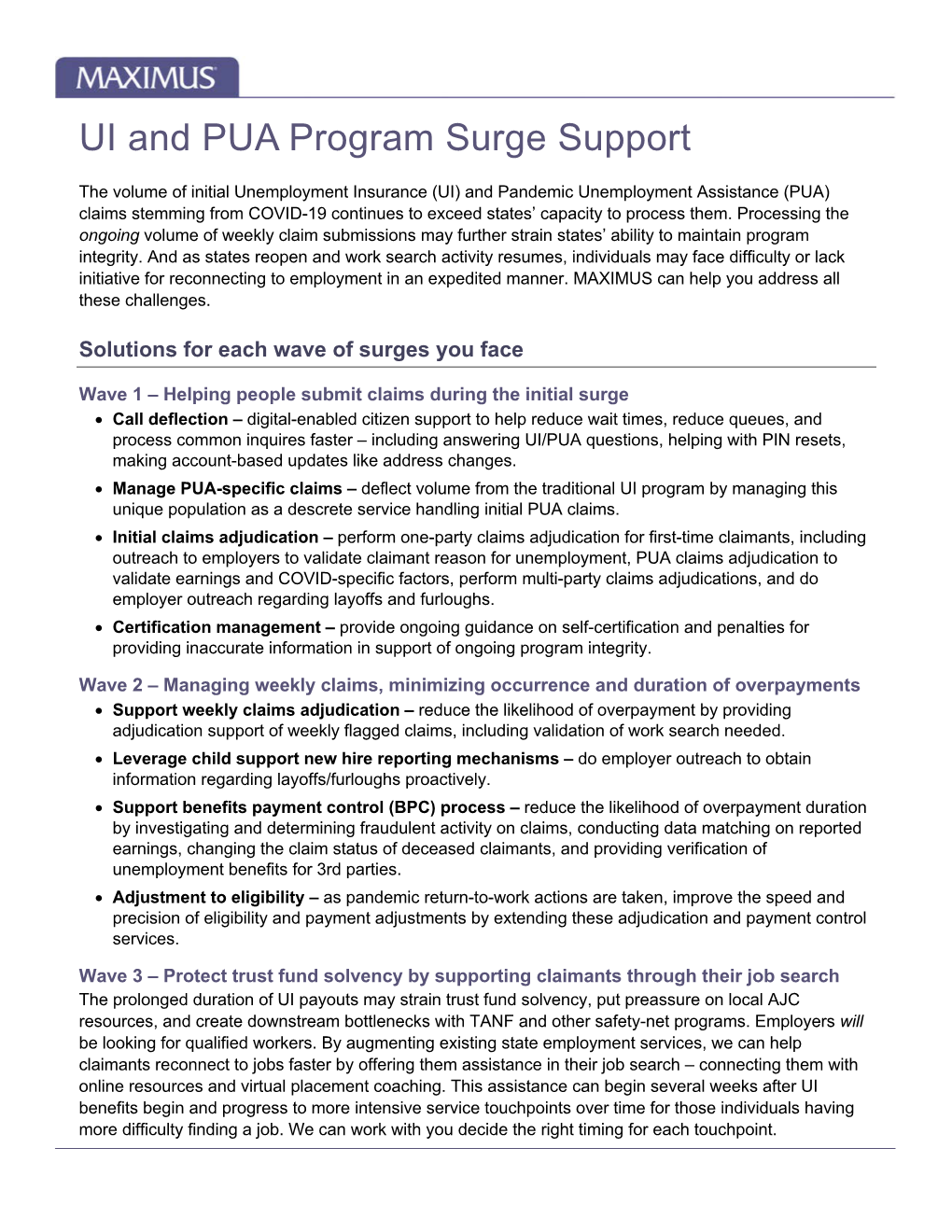 UI and PUA Program Surge Support