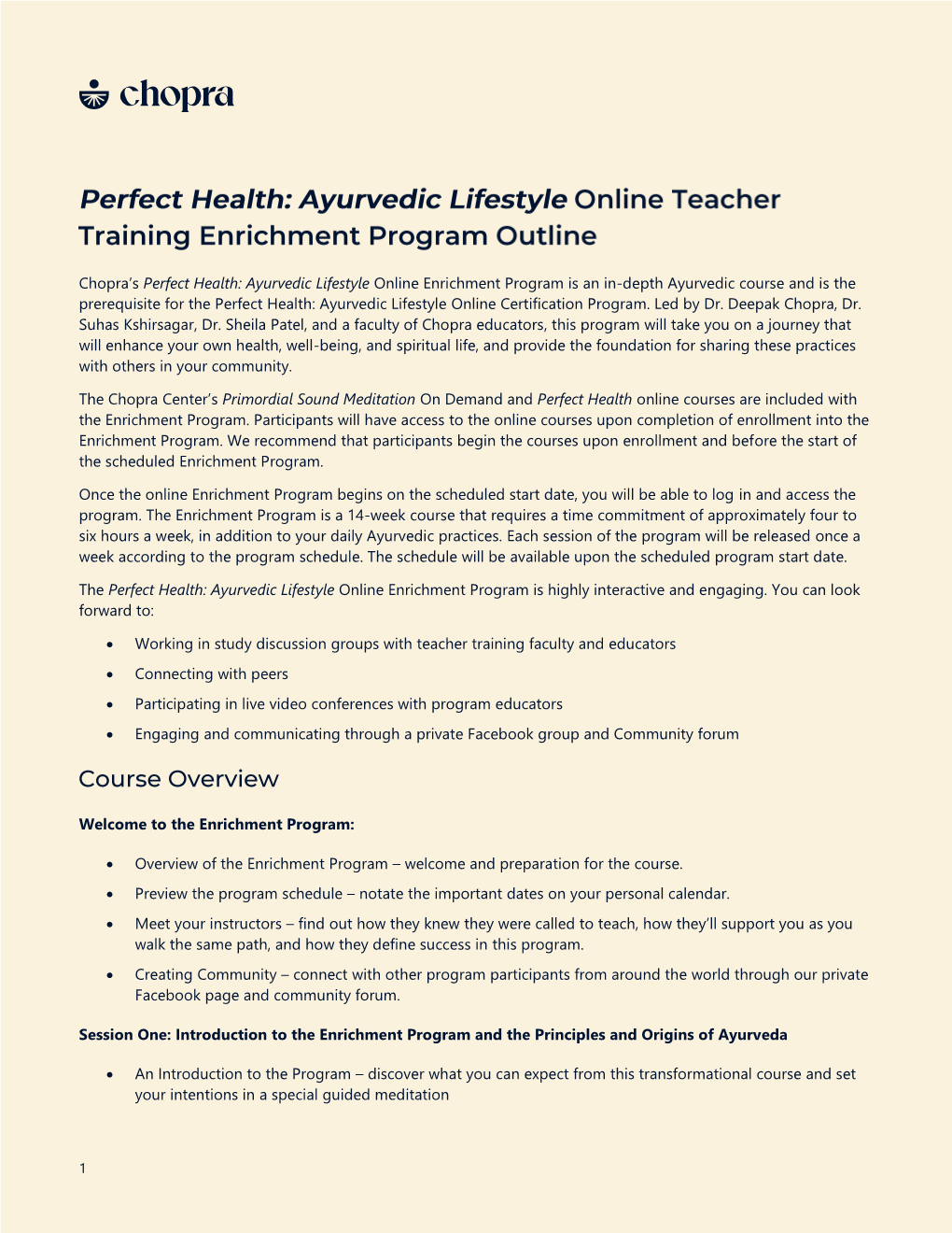 Chopra's Perfect Health: Ayurvedic Lifestyle Online Enrichment