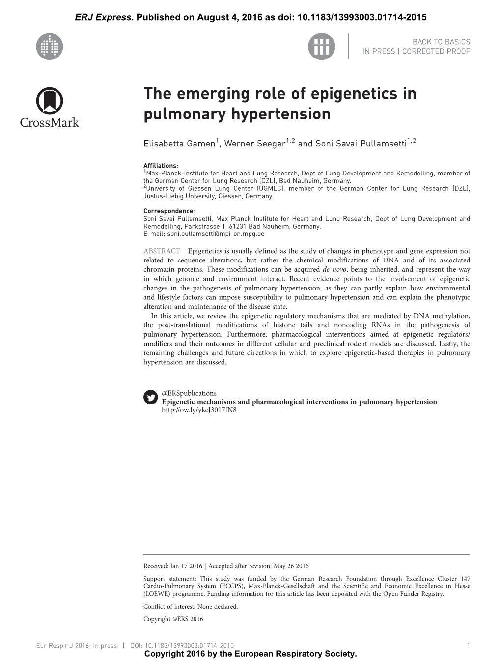 The Emerging Role of Epigenetics in Pulmonary Hypertension