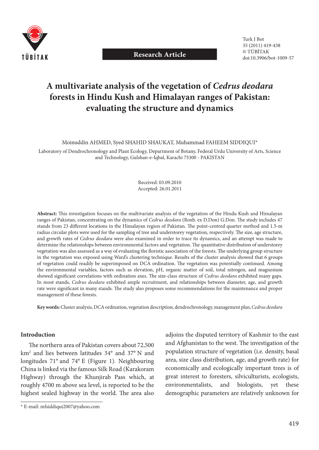 A Multivariate Analysis of the Vegetation of Cedrus Deodara Forests in Hindu Kush and Himalayan Ranges of Pakistan: Evaluating the Structure and Dynamics