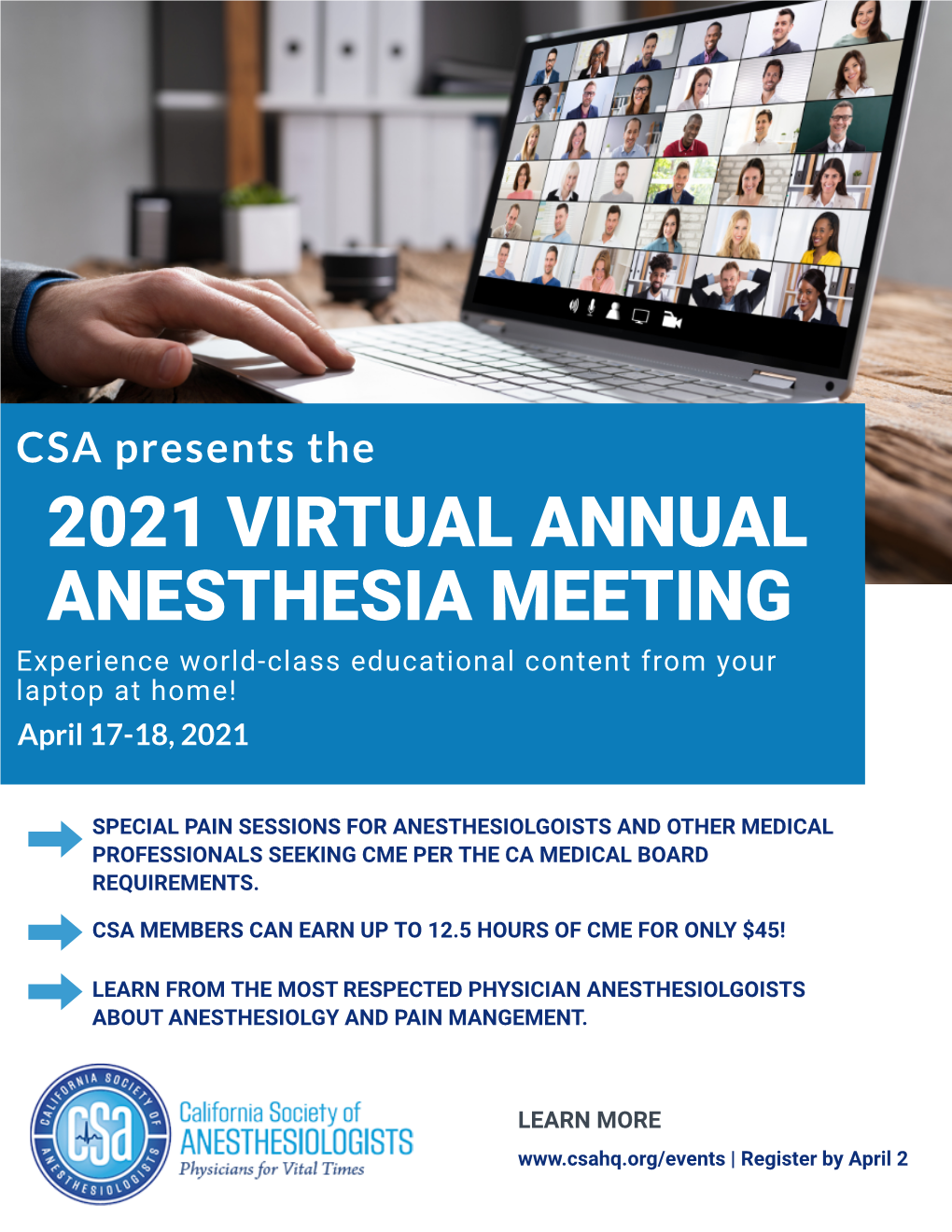 2021 VIRTUAL ANNUAL ANESTHESIA MEETING Experience World-Class Educational Content F Rom Your Laptop at Home! April 17-18, 2021