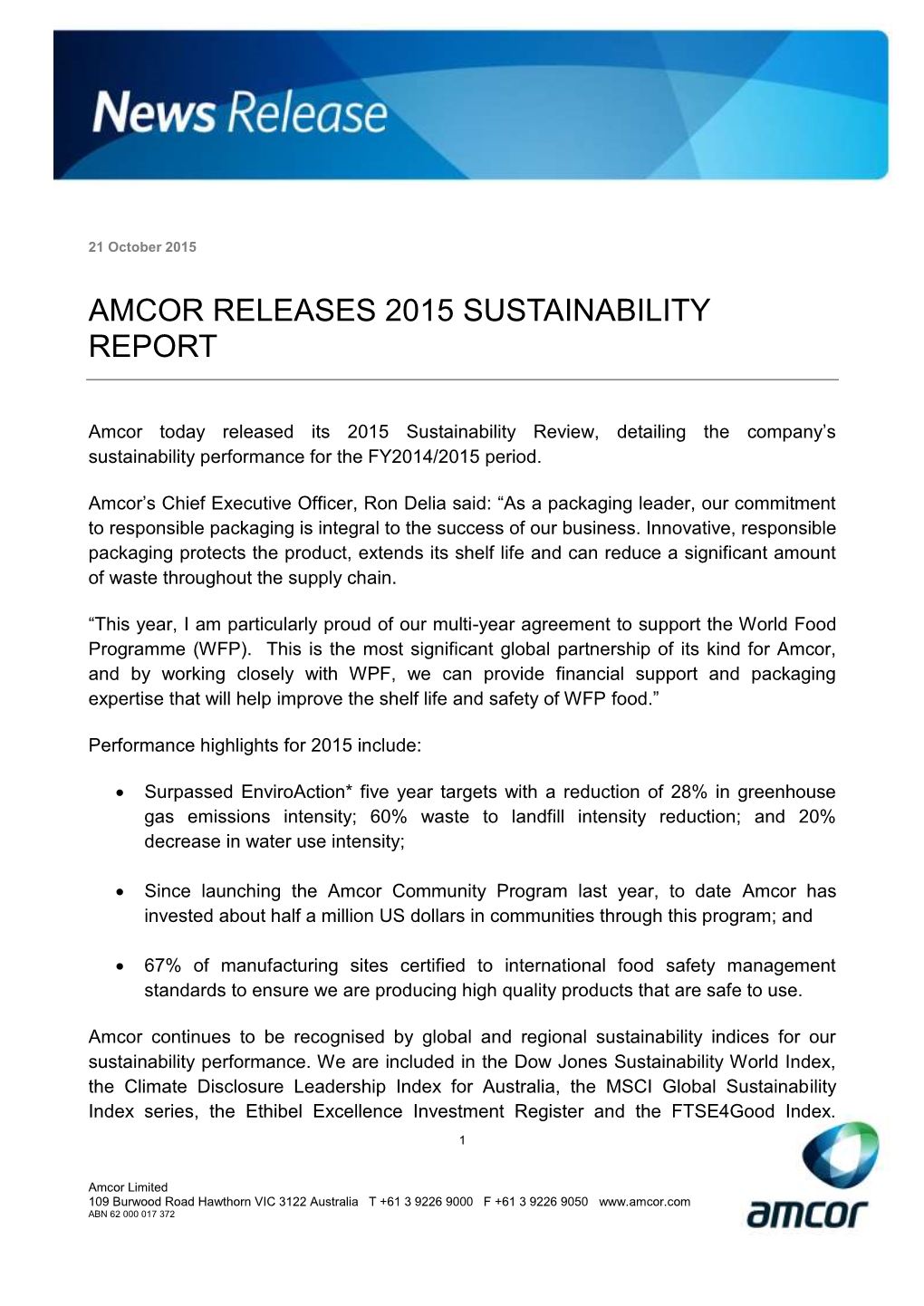 Amcor Releases 2015 Sustainability Report