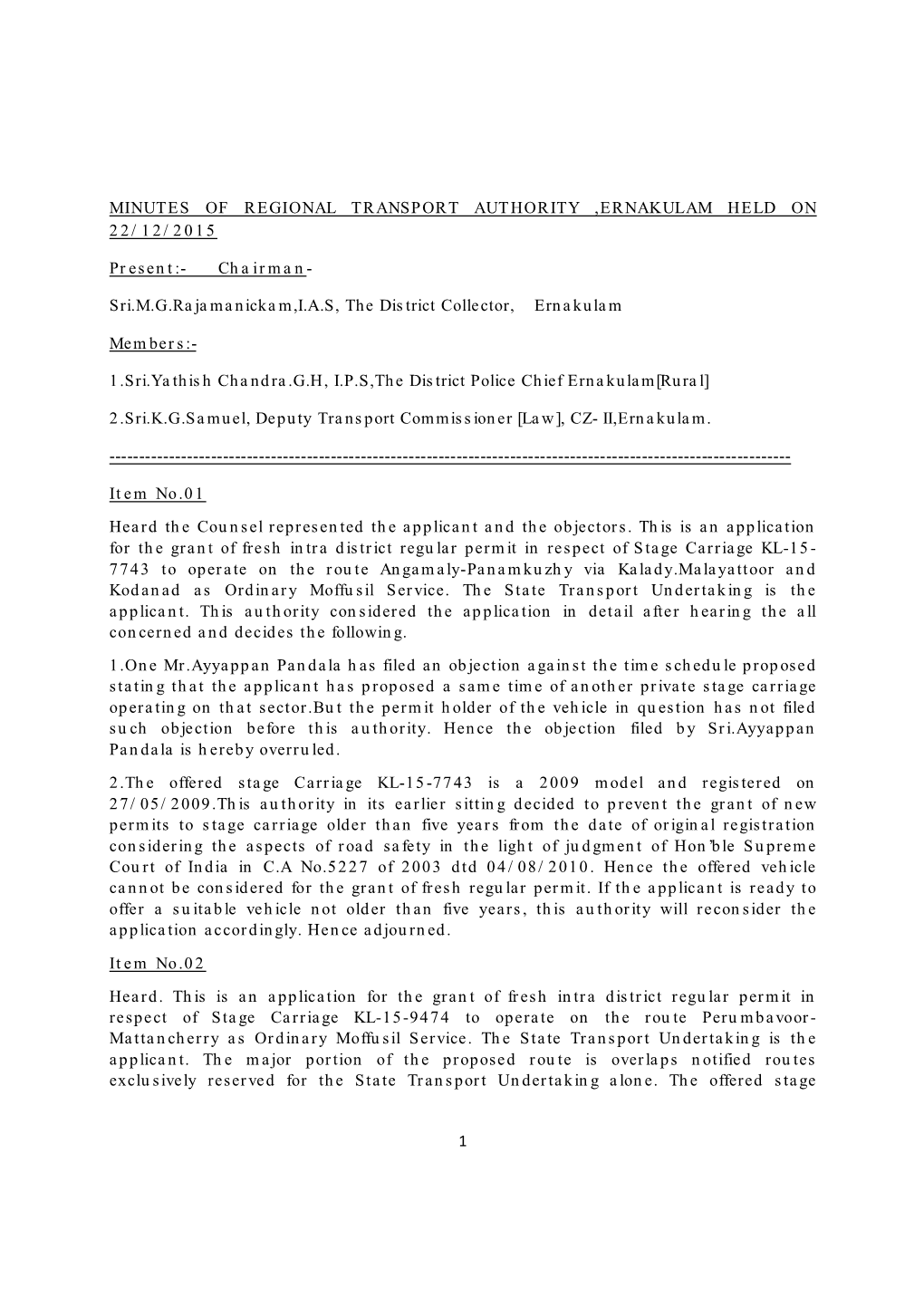 Minutes of Regional Transport Authority ,Ernakulam Held on 22/12/2015