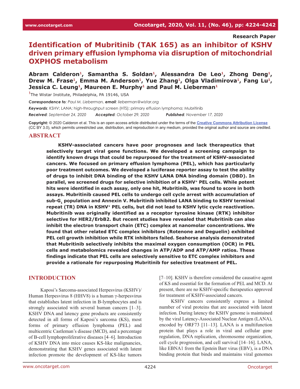 As an Inhibitor of KSHV Driven Primary Effusion Lymphoma Via Disruption of Mitochondrial OXPHOS Metabolism