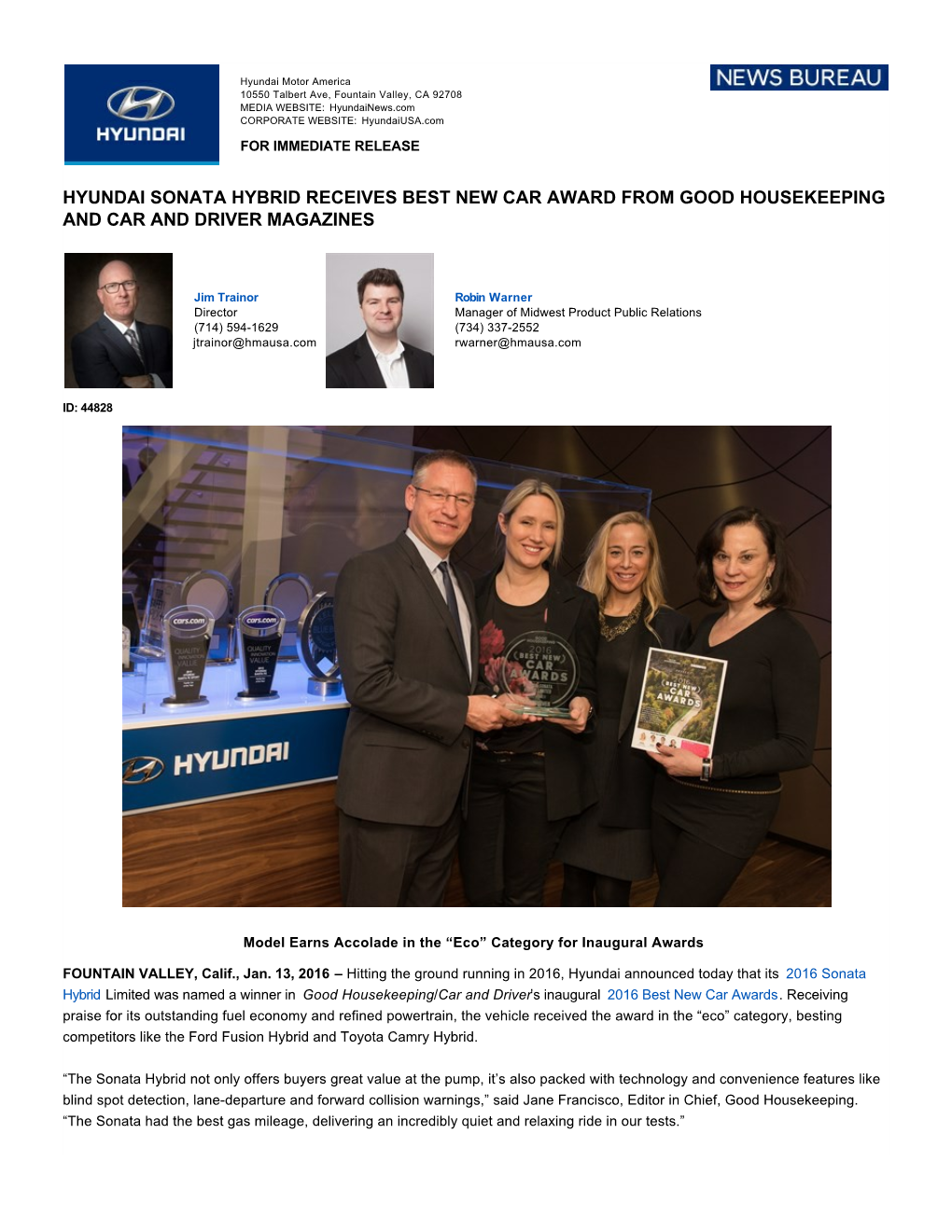 Hyundai Sonata Hybrid Receives Best New Car Award from Good Housekeeping and Car and Driver Magazines