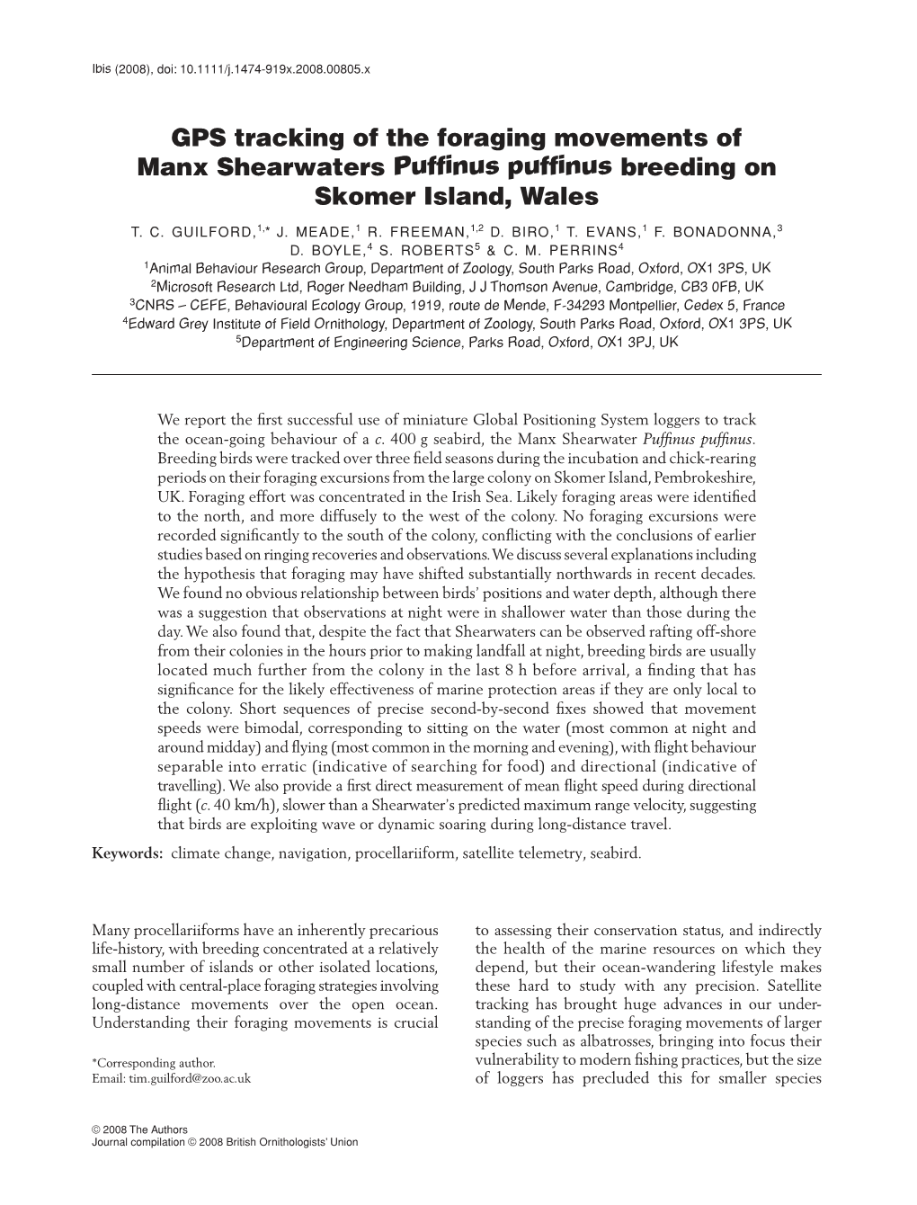GPS Tracking of the Foraging Movements of Manx Shearwaters Pufﬁnus Pufﬁnus Breeding on Skomer Island, Wales