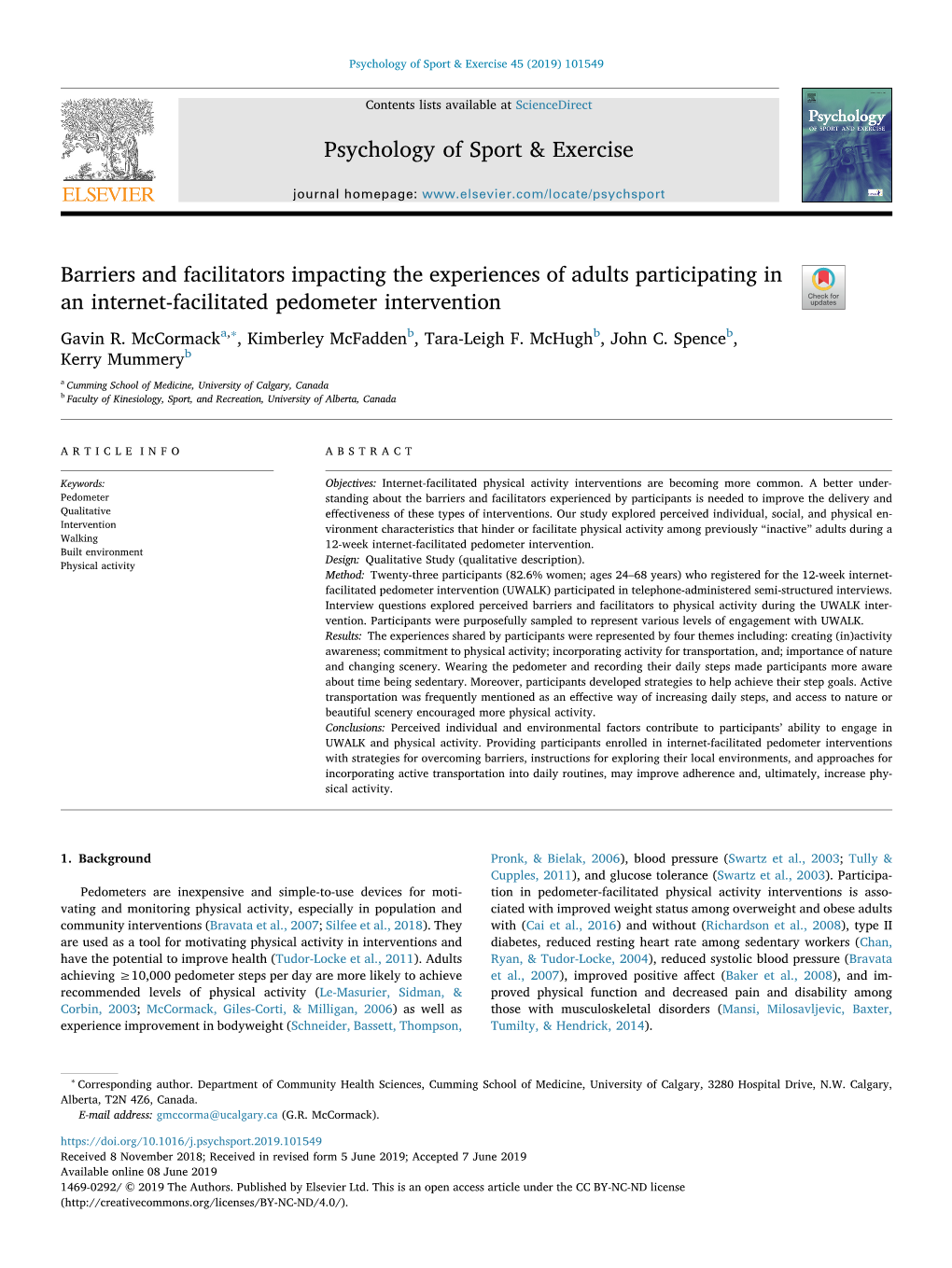 Barriers and Facilitators Impacting the Experiences of Adults Participating in an Internet-Facilitated Pedometer Intervention T