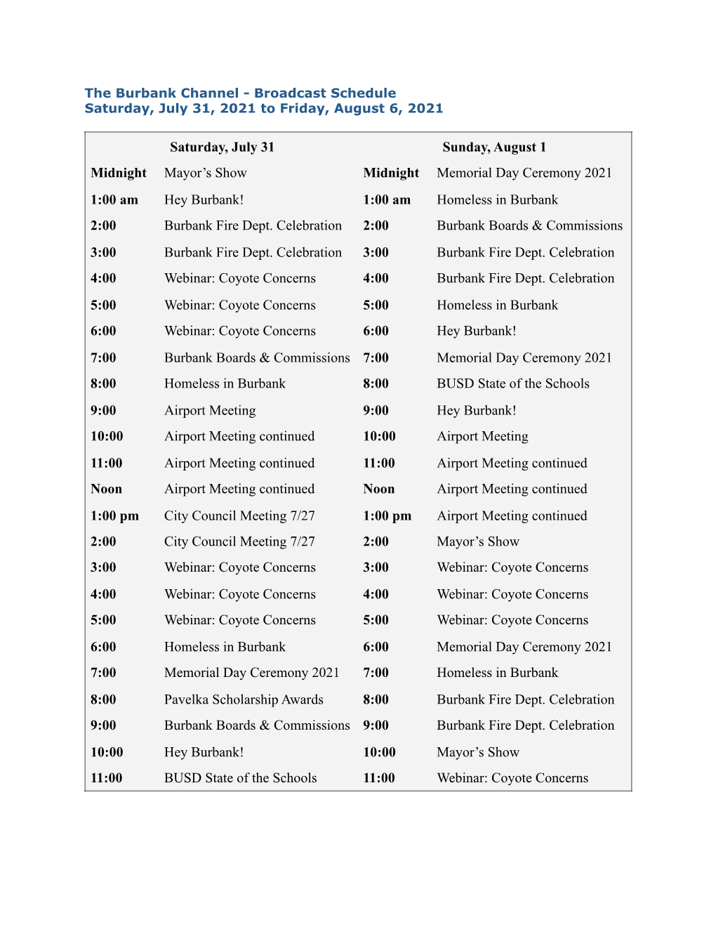 Channel Program July 31 to August 6