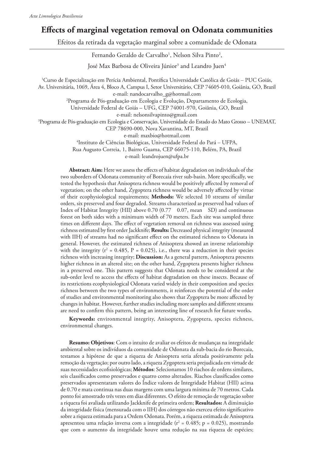 Effects of Marginal Vegetation Removal on Odonata Communities