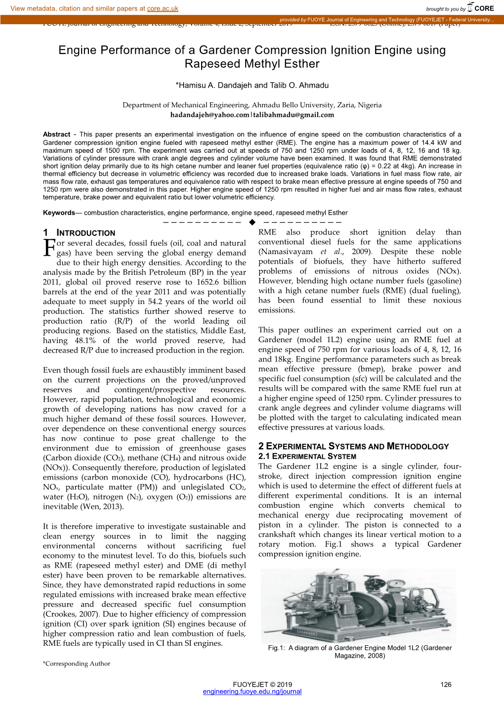 Engine Performance of a Gardener Compression Ignition Engine Using Rapeseed Methyl Esther