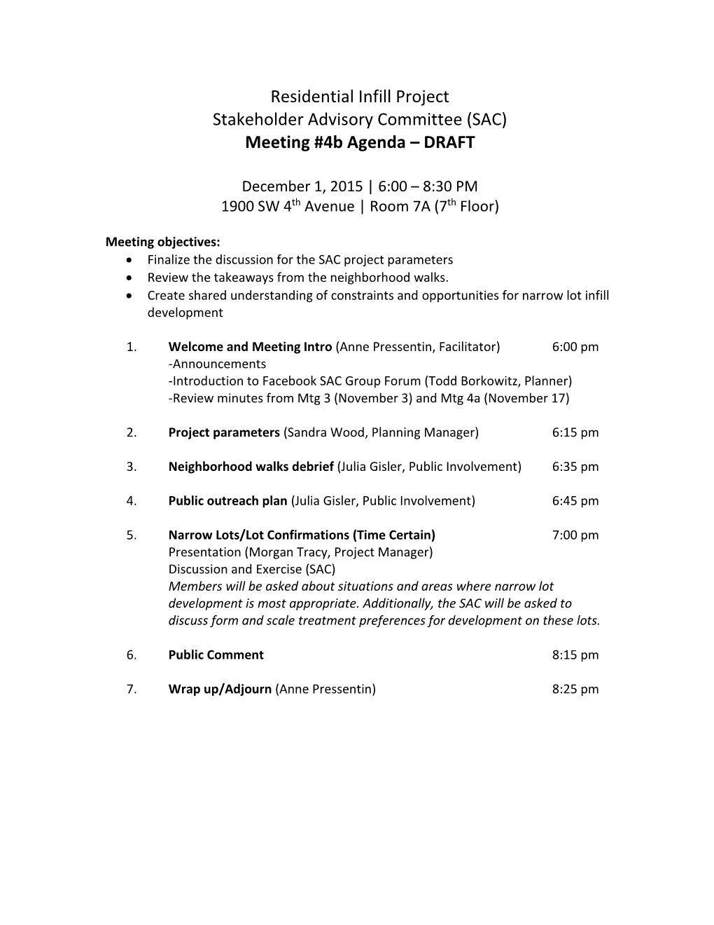 Residential Infill Project Stakeholder Advisory Committee (SAC) Meeting #4B Agenda – DRAFT