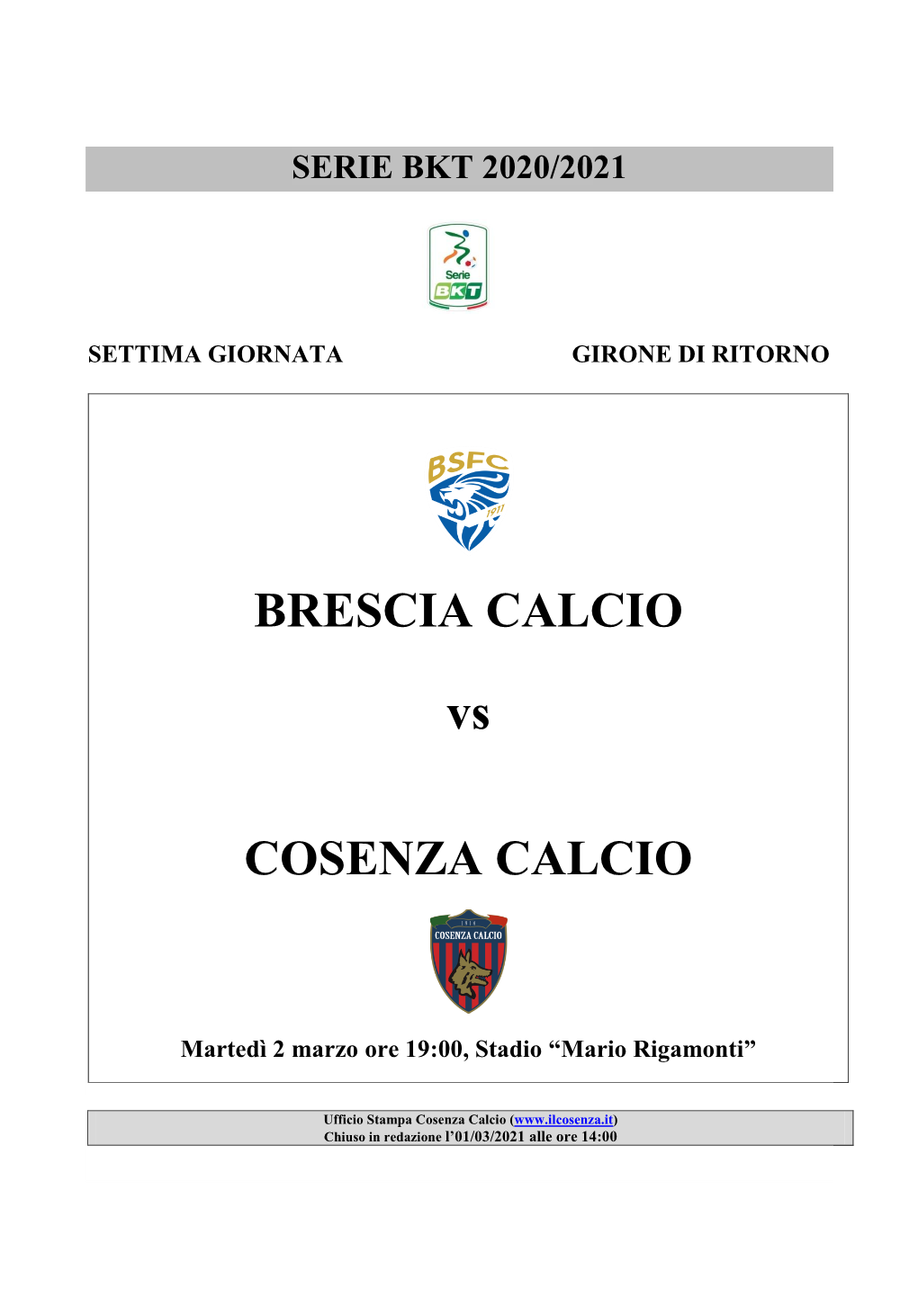 BRESCIA CALCIO Vs COSENZA CALCIO